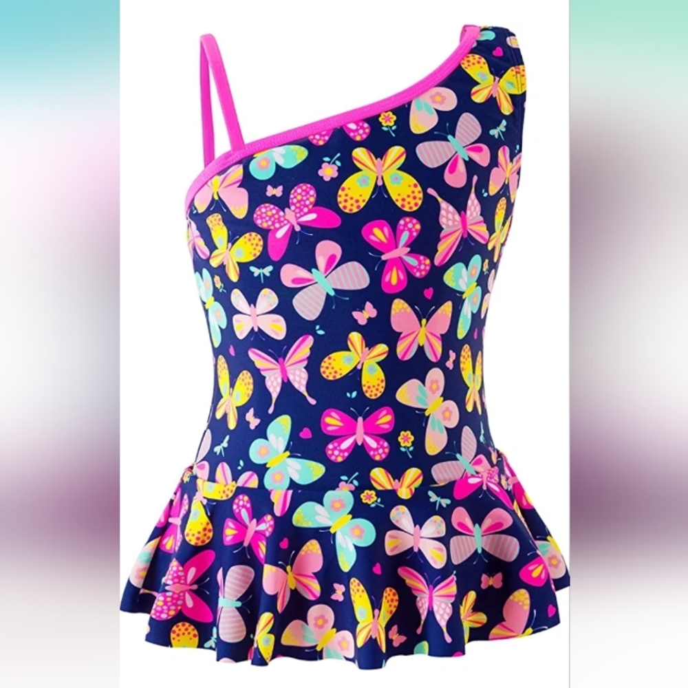 One-Shoulder Butterfly Print Swimdress - Navy/Pink